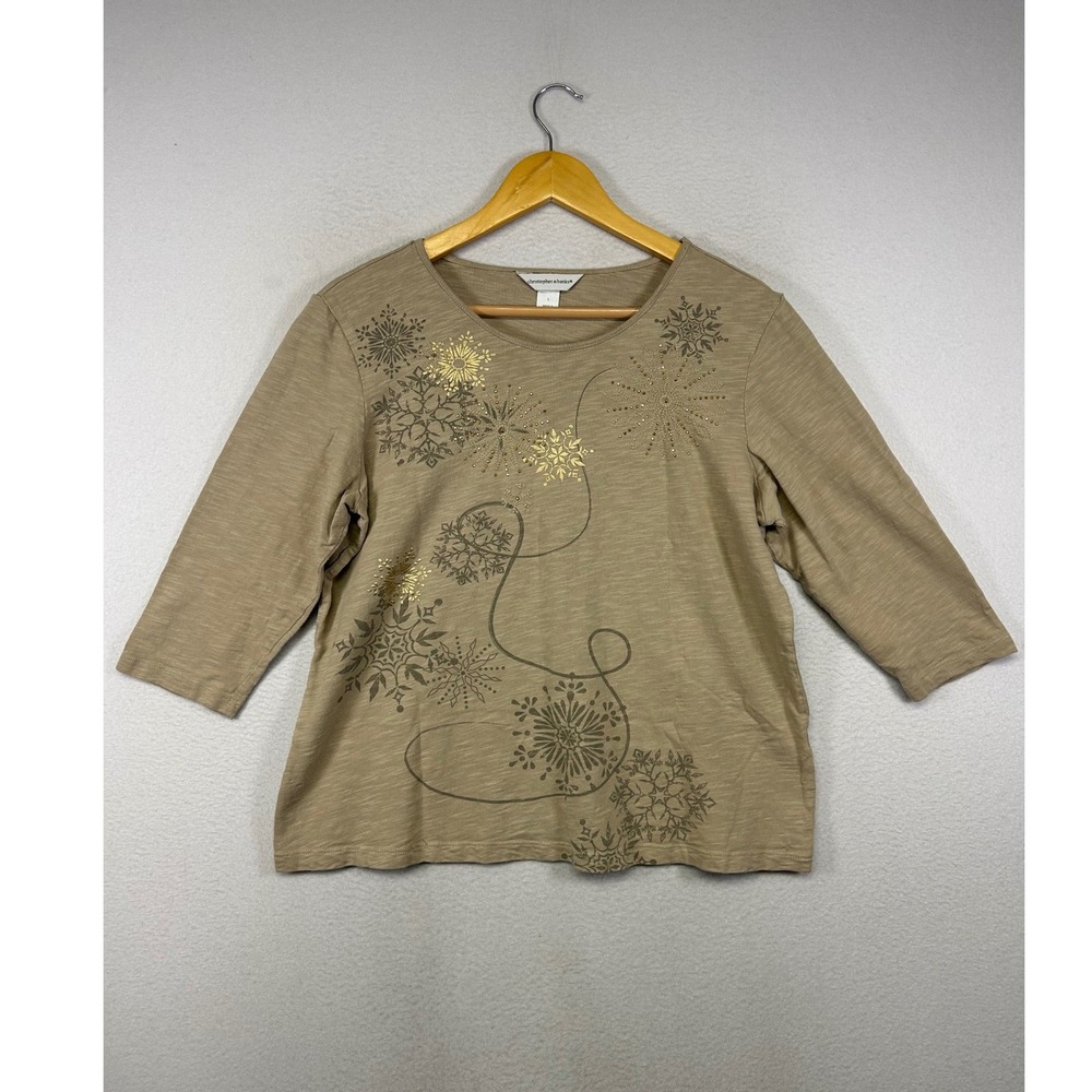 Winter Holiday Christopher & Banks Womens Large Tan Snowflake 3/4 Sleeve Top